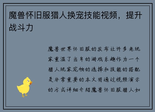 魔兽怀旧服猎人换宠技能视频，提升战斗力